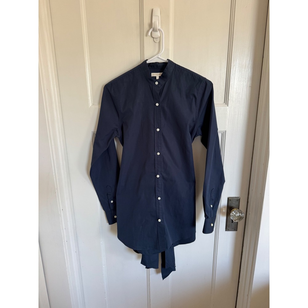 Ann Mashburn navy blue cotton button front tie back blouse size small